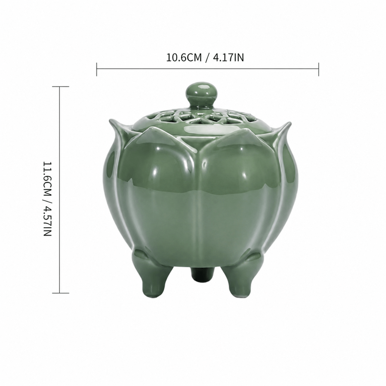 Green lotus shaped electric incense burner size diagram showing a width of 10.6 centimeters and a height of 11.6 centimeters