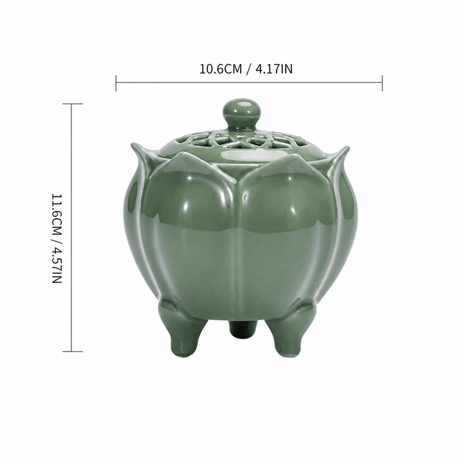 Green lotus shaped electric incense burner size diagram showing a width of 10.6 centimeters and a height of 11.6 centimeters