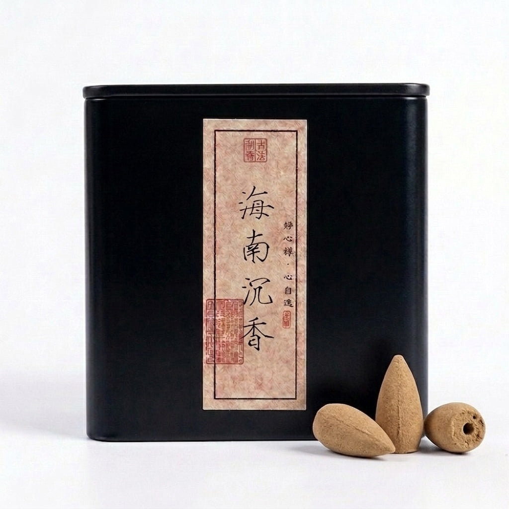  A black tin container of Hainan agarwood backflow incense cones with a vintage-style label on the front, shown with three tan incense cones placed beside the tin on a white background.