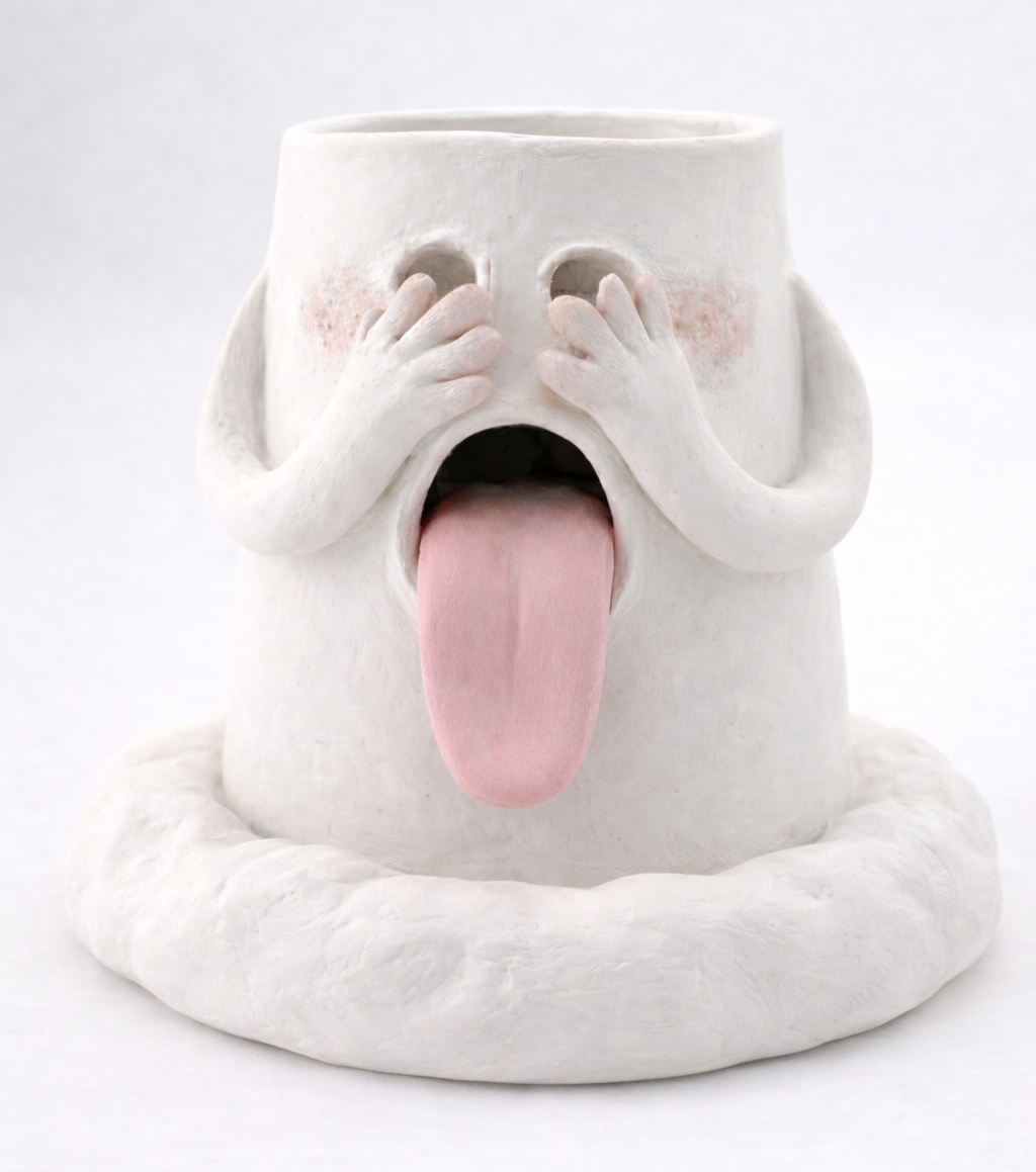 Handcrafted blushing ghost backflow incense burner smoke waterfall holder with hands over its eyes and tongue out on a white background
