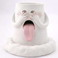 Handcrafted blushing ghost backflow incense burner smoke waterfall holder with hands over its eyes and tongue out on a white background