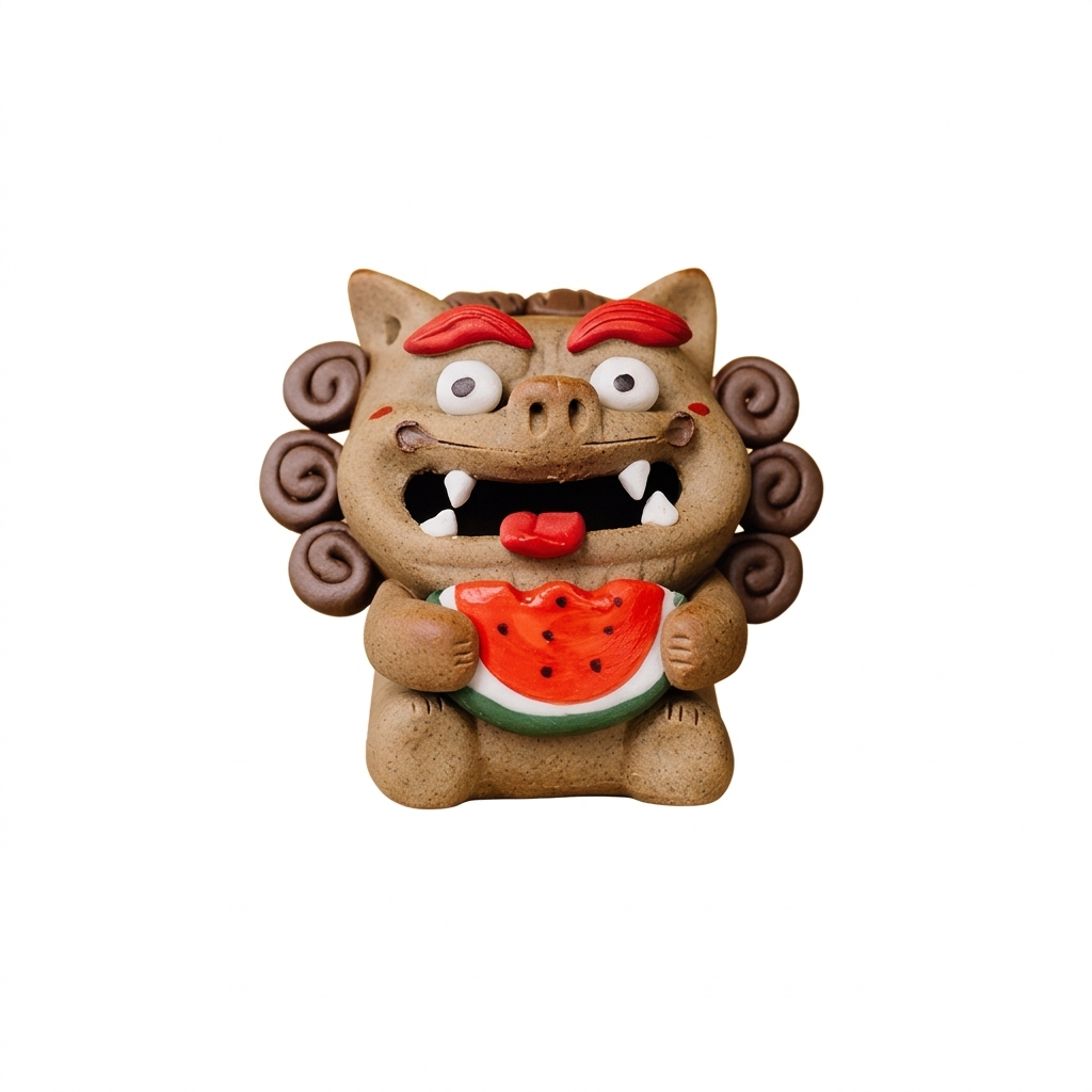 Handcrafted ceramic Pixiu backflow incense burner tea pet featuring a playful mythical beast with red eyebrows, curly mane, and a watermelon held in its paws, shown on a clean white background.