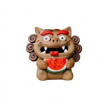 Handcrafted ceramic Pixiu backflow incense burner tea pet featuring a playful mythical beast with red eyebrows, curly mane, and a watermelon held in its paws, shown on a clean white background.