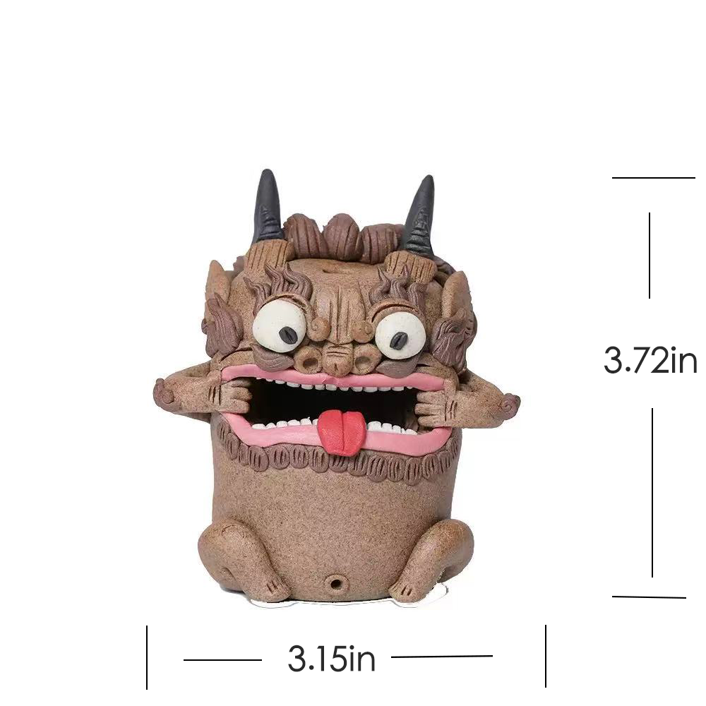 Front-facing shot of a handcrafted purple clay guardian backflow incense burner on a white background, annotated with “3.15 in” width and “3.72 in” height.