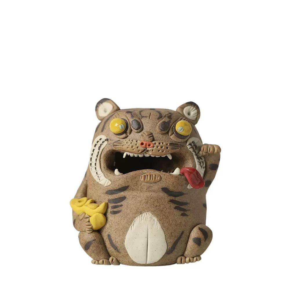 Handcrafted purple clay tiger guardian backflow incense burner with bulging yellow eyes, open mouth, striped body, red tongue, and gold ingot detail, displayed on a clean white background.
