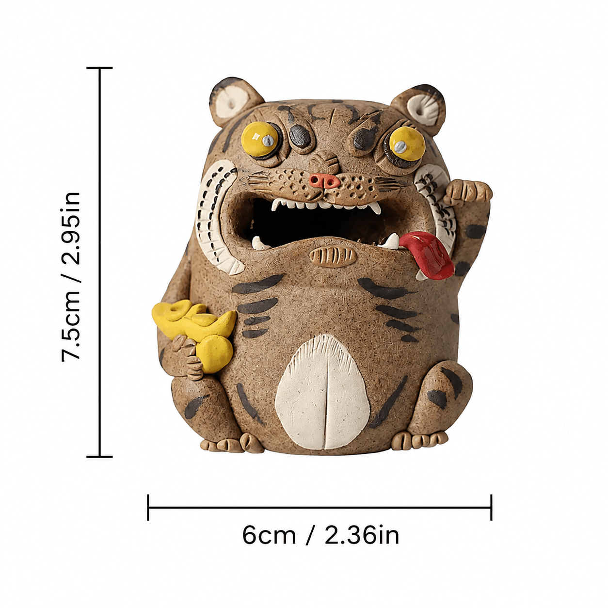 Size guide for the handcrafted purple clay tiger guardian backflow incense burner, showing the front view with approximate dimensions of 3 inches tall and 2 inches wide on a white background.