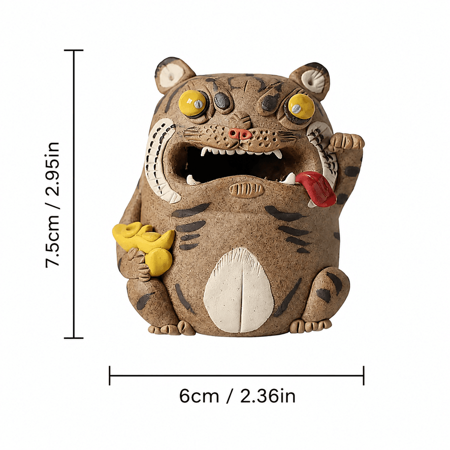 Size guide for the handcrafted purple clay tiger guardian backflow incense burner, showing the front view with approximate dimensions of 3 inches tall and 2 inches wide on a white background.