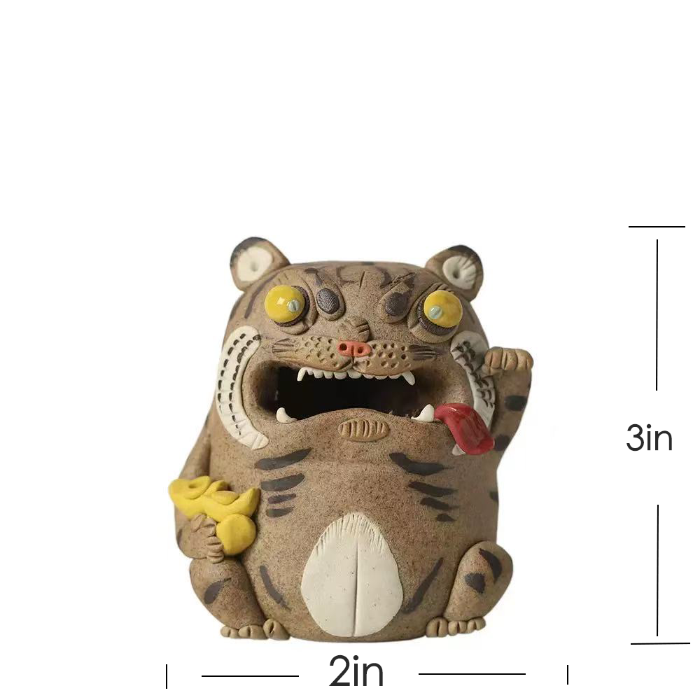 Size guide for the handcrafted purple clay tiger guardian backflow incense burner, showing the front view with approximate dimensions of 3 inches tall and 2 inches wide on a white background.