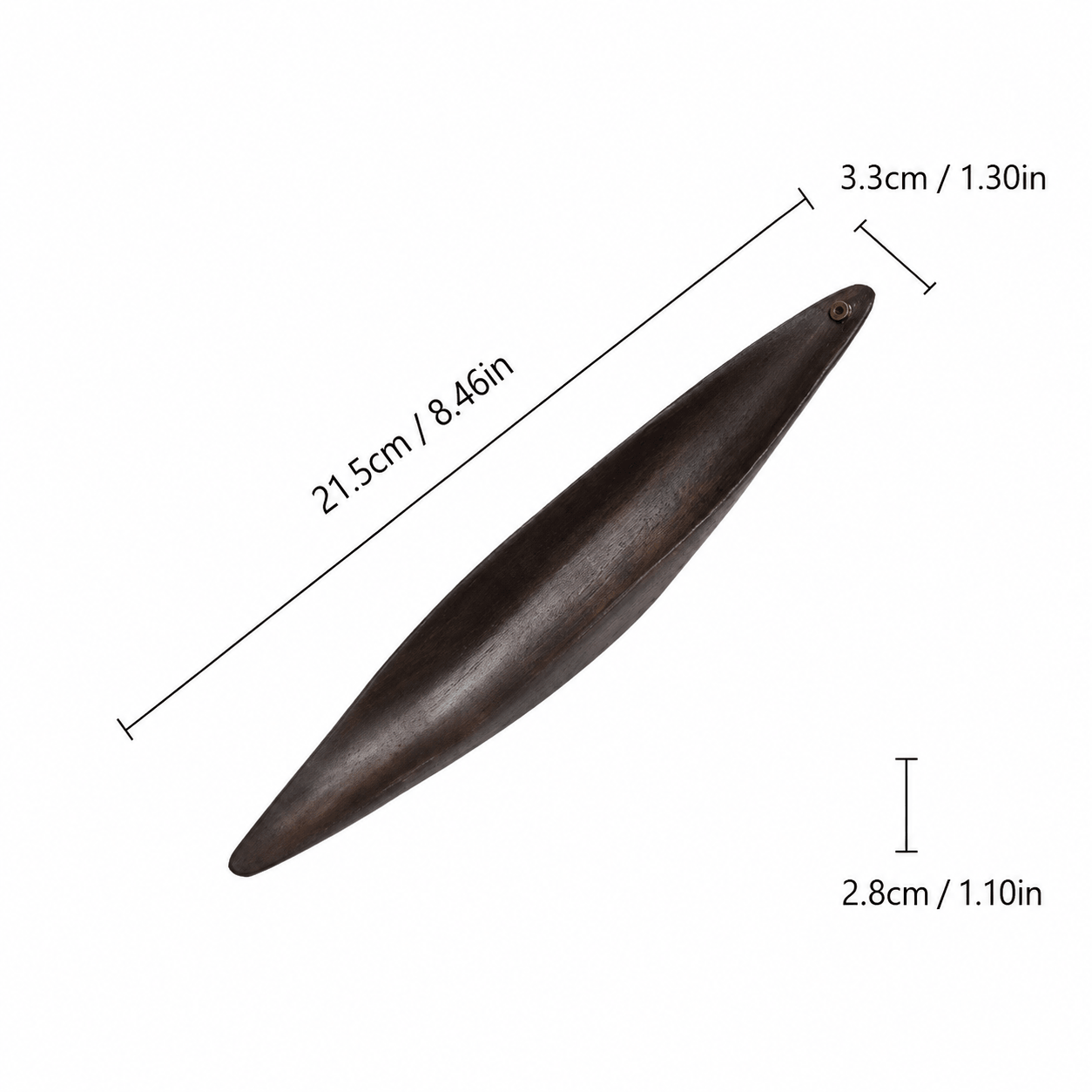 Handcrafted wooden boat-shaped incense holder with an ash-catching groove, shown with size measurements of 21.5 cm long, 3.3 cm wide, and 2.8 cm high.