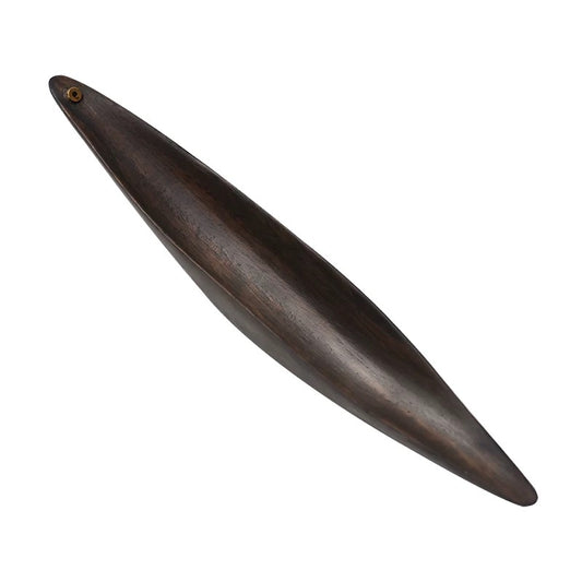Handcrafted wooden incense holder with a sleek boat-shaped ash catcher design, featuring a dark natural wood finish, elongated curved form, and a small incense hole at one end on a clean white background.