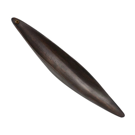 Handcrafted wooden incense holder with a sleek boat-shaped ash catcher design, featuring a dark natural wood finish, elongated curved form, and a small incense hole at one end on a clean white background.