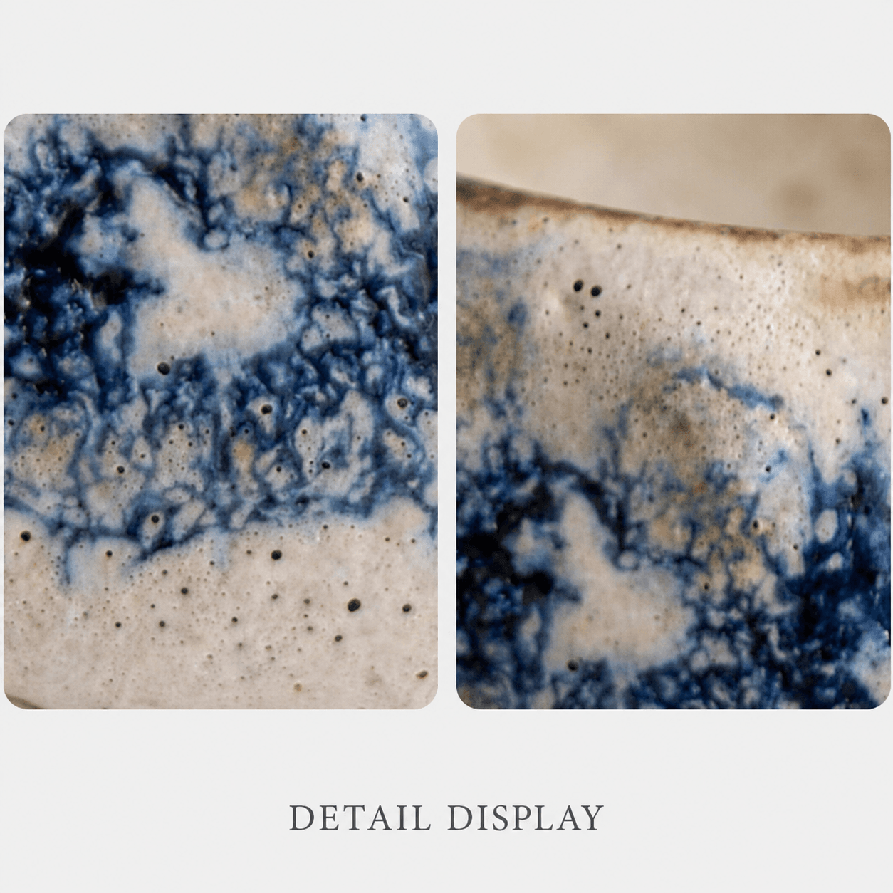 Close up detail views of the handmade blue marbled glaze and cream speckled ceramic texture