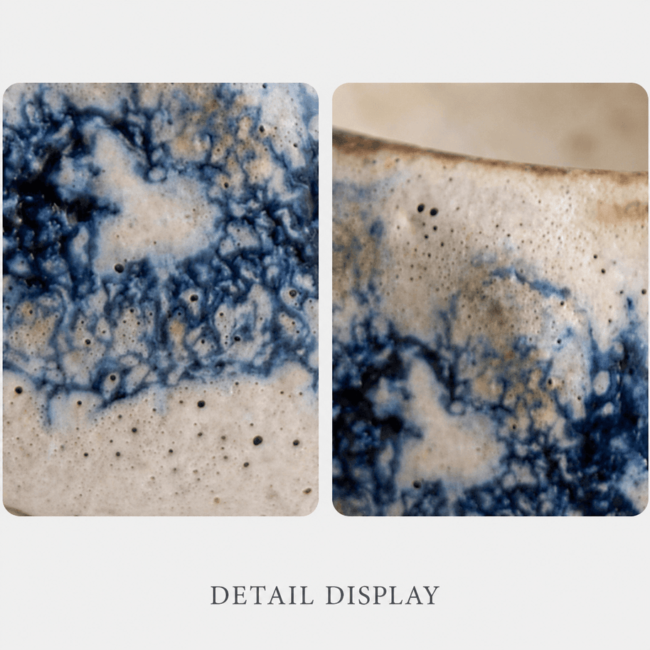 Close up detail views of the handmade blue marbled glaze and cream speckled ceramic texture