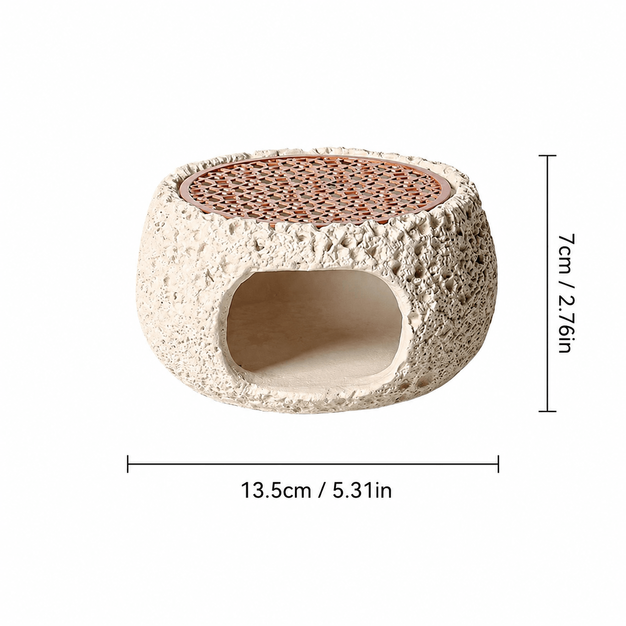 Handmade cement crystal purifier stove with a removable metal grid tray, shown with size measurements of 13.5 cm wide and 7 cm high.