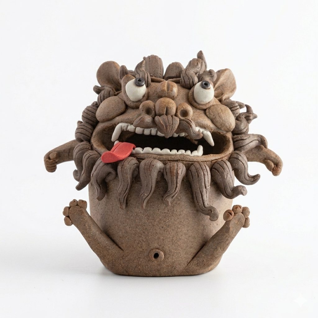 Handmade ceramic guardian beast backflow incense burner with bulging eyes, curled mane, fangs, and tongue out on a white background