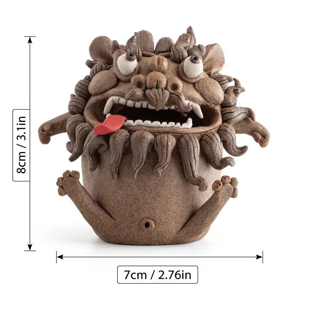 A striking front view of the handmade ceramic guardian beast backflow incense burner with smoke actively pouring from its open mouth, creating a mesmerizing smoke waterfall effect. The detailed monster figure, featuring its expressive eyes, maned-like texture, and small hands, is shown against a plain white background. This functional art piece showcases the calming smoke river cascading to a misty pool below, perfect for creating a mystical atmosphere on a meditation desk or as a unique tea table protector