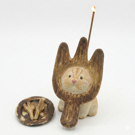 Handmade ceramic incense holder shaped like The Hungry Foodie Cat with a fork-inspired design, incense stick, and matching ash tray on a white background