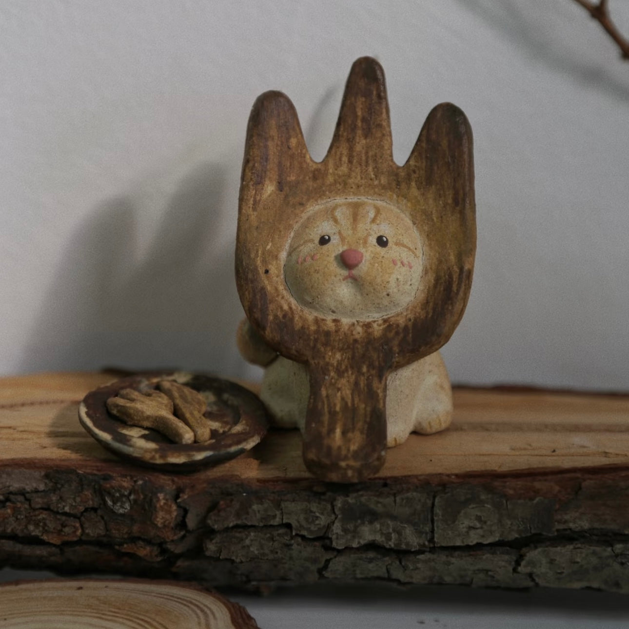 Handmade ceramic incense holder shaped like The Hungry Foodie Cat displayed on a rustic wood surface with a matching ash tray in a cozy home setting