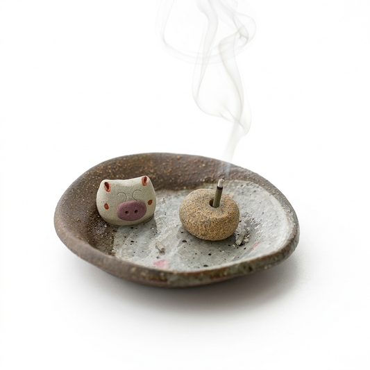 Handmade ceramic incense holder featuring a cute pig figurine and a rustic glazed dish with a lit incense stick, soft rising smoke, and a natural artisan finish on a clean white background.