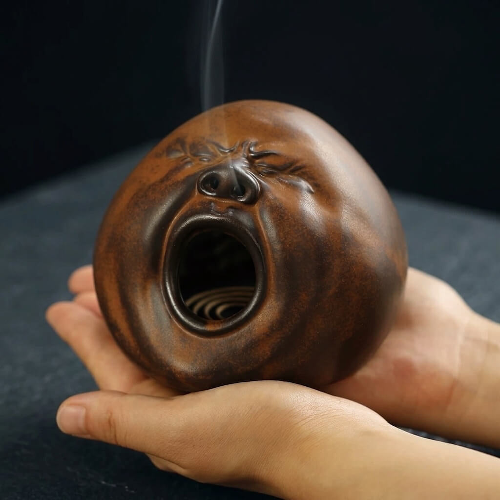 Handmade ceramic yawning face incense burner held in hands with smoke rising from the top