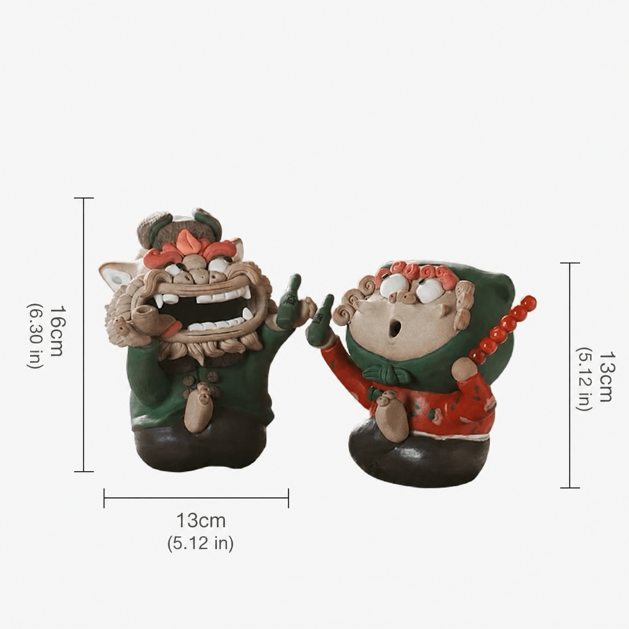 Size guide for the handmade quirky ceramic incense holder duo, showing approximate dimensions of the green lion figure and red figure on a white background