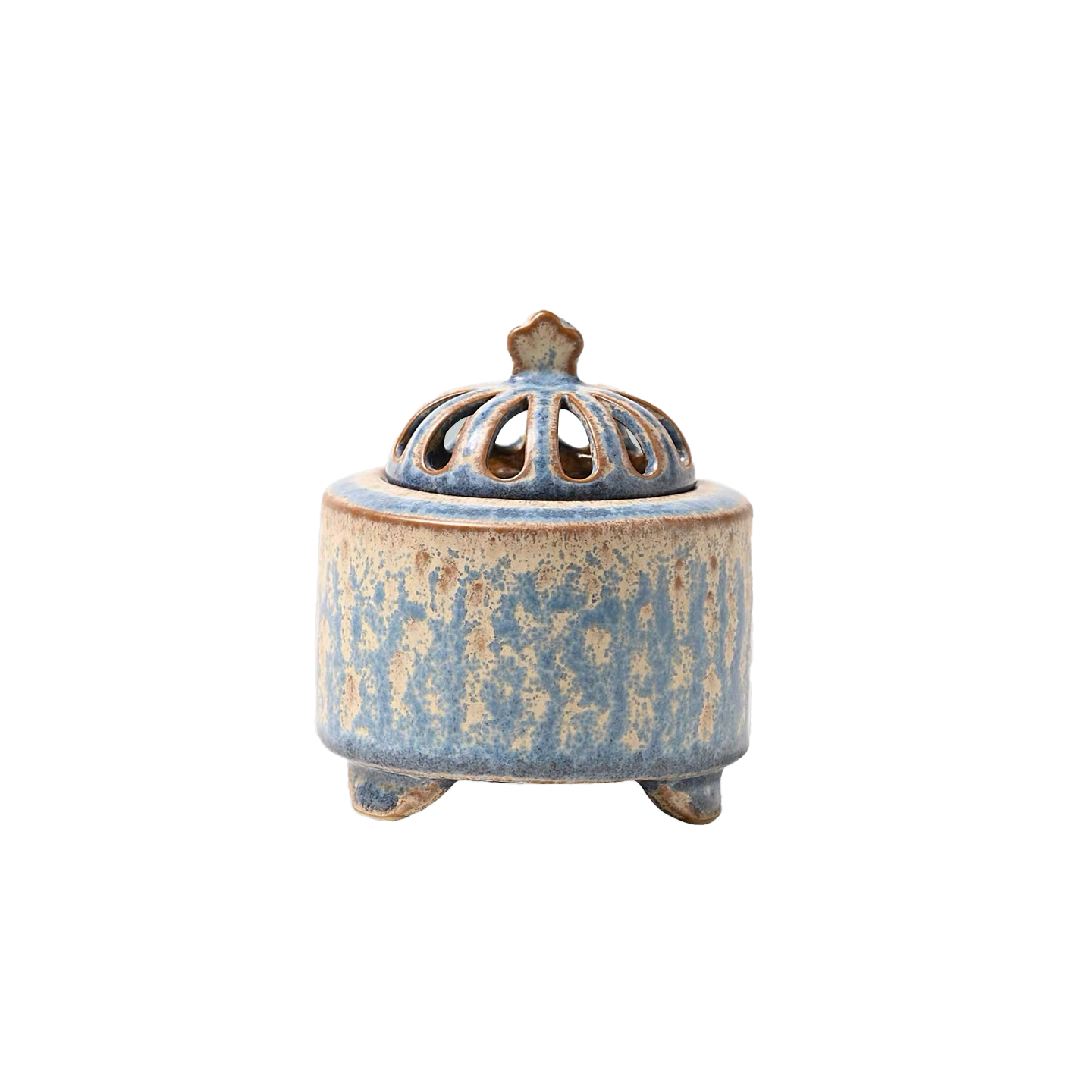Single handmade blue beige ceramic electric incense burner with vented lid on a plain white background.