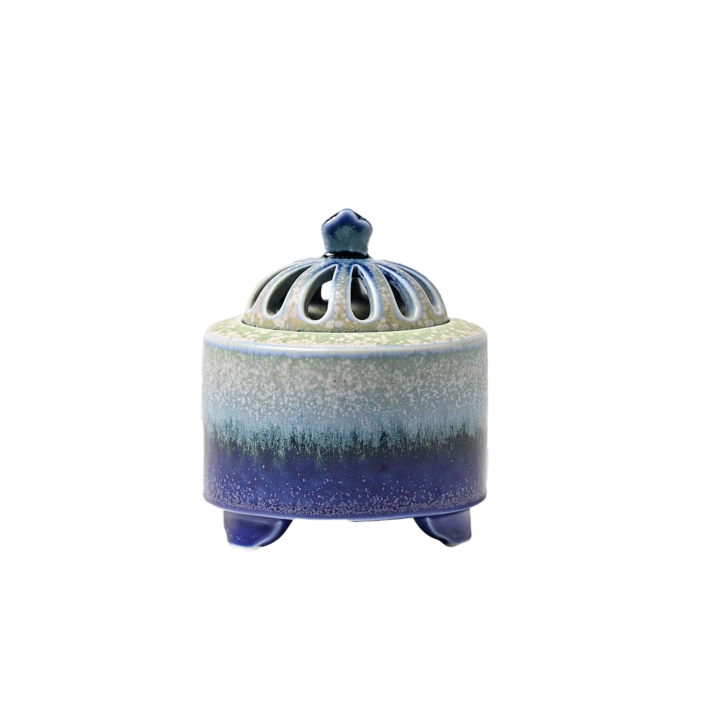 Single handmade ceramic electric incense burner with blue green gradient glaze and vented lid on a plain white background.