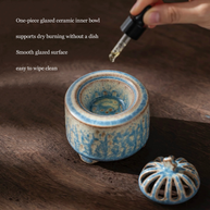 Electric incense burner with timer and handmade ceramic heater in blue glaze, shown with the lid removed to display the one-piece glazed inner bowl for essential oils, resin, and dry incense use on a wooden surface