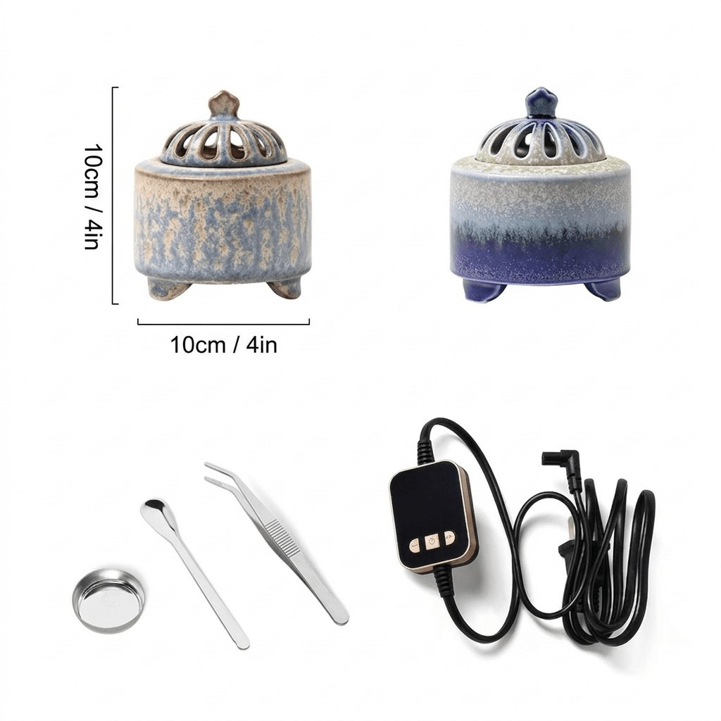 Size guide showing two handmade ceramic electric incense burners measuring 4 inches by 4 inches, with metal cup, tweezers, spoon and digital temperature controller.