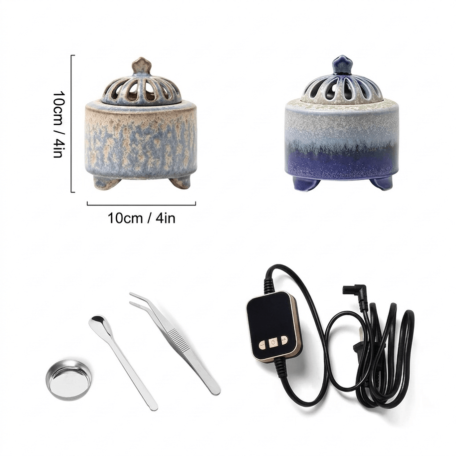 Size guide showing two handmade ceramic electric incense burners measuring 4 inches by 4 inches, with metal cup, tweezers, spoon and digital temperature controller.