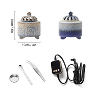Size guide showing two handmade ceramic electric incense burners measuring 4 inches by 4 inches, with metal cup, tweezers, spoon and digital temperature controller.