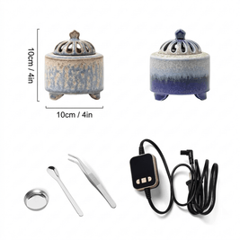 Size guide showing two handmade ceramic electric incense burners measuring 4 inches by 4 inches, with metal cup, tweezers, spoon and digital temperature controller.
