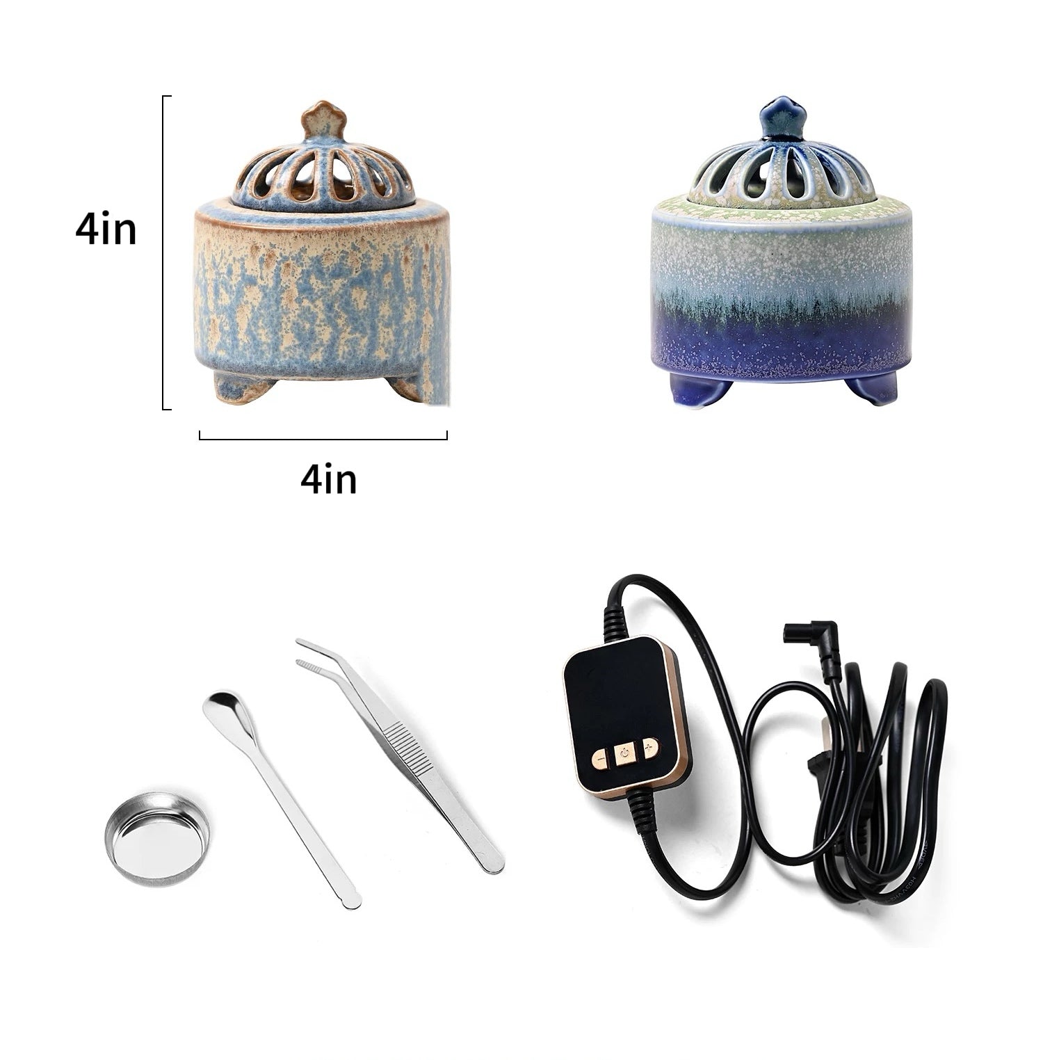 Size guide showing two handmade ceramic electric incense burners measuring 4 inches by 4 inches, with metal cup, tweezers, spoon and digital temperature controller.