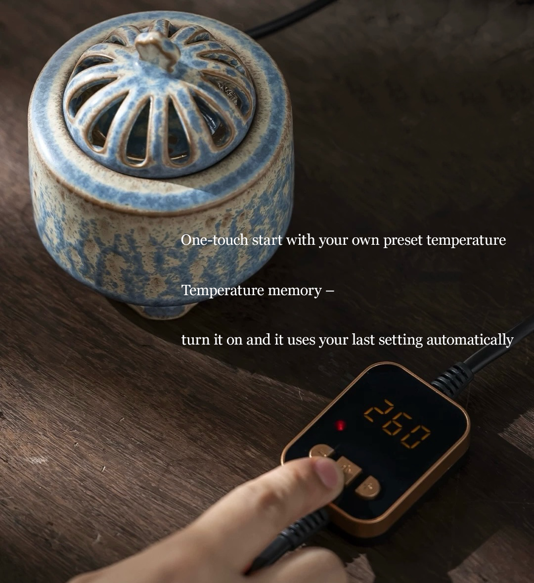 Electric incense burner with timer and handmade ceramic heater in blue glaze, shown with digital temperature controller displaying preset heat memory for easy one-touch operation on a wooden tabletop