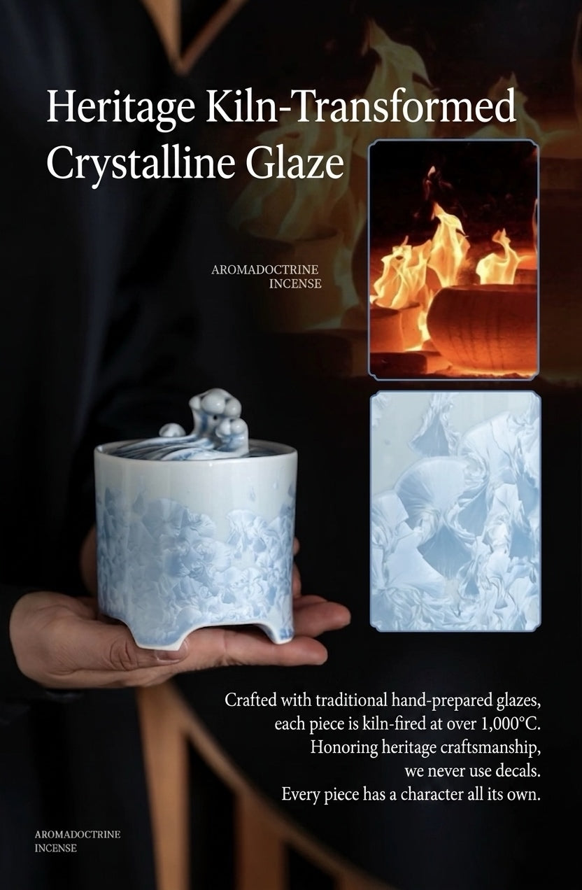 Blue and white kiln-transformed crystalline glaze ceramic electric incense burner displayed with traditional firing process imagery.