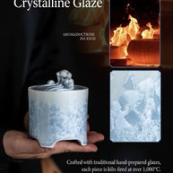 Blue and white kiln-transformed crystalline glaze ceramic electric incense burner displayed with traditional firing process imagery.