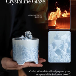 Blue and white kiln-transformed crystalline glaze ceramic electric incense burner displayed with traditional firing process imagery.