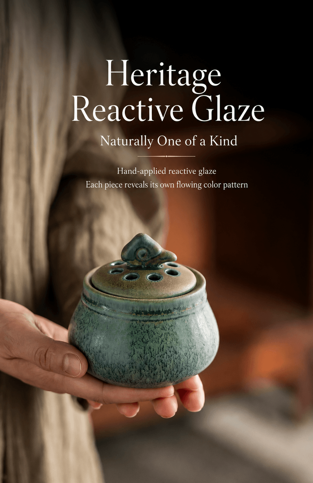 Ceramic electric incense burner with hand applied reactive glaze, each piece featuring a unique flowing color pattern for flameless incense, resin, and home fragrance use.