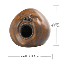 Front view of a handmade brown-glazed ceramic incense burner shaped like a yawning face, shown with dimensions 4.65 in wide and 3.78 in tall.