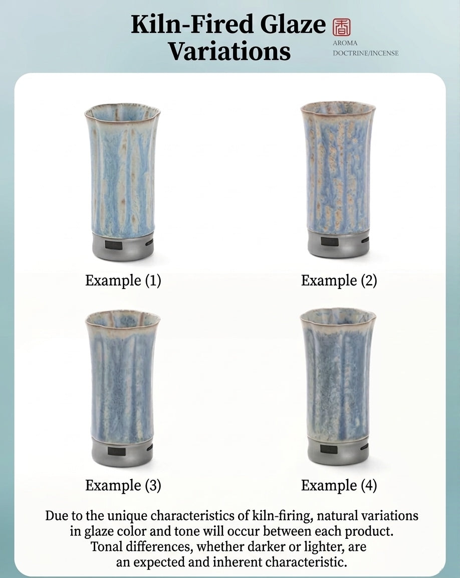 Glaze variation guide for the portable electric incense burner, showing four examples of natural kiln-fired ceramic finish differences in color and tone