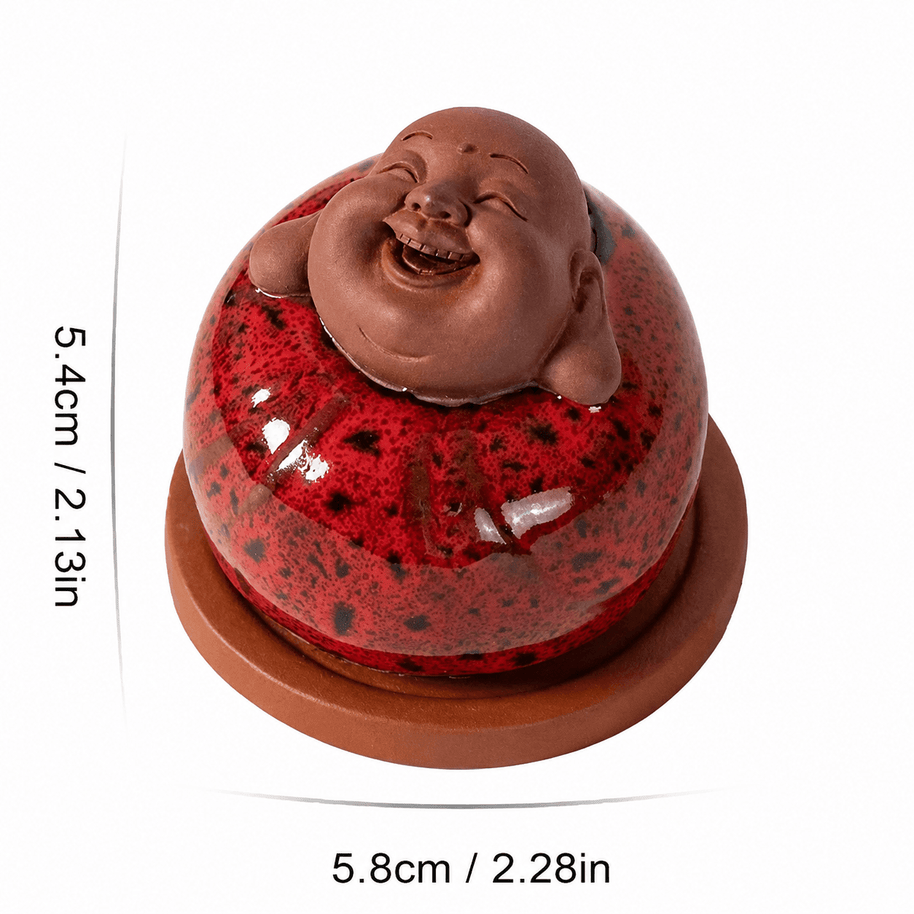 Dimension guide showing the laughing Buddha incense burner measuring 5.8 cm in diameter and 5.4 cm in height