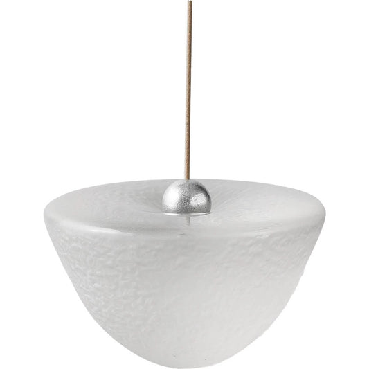 Minimalist frosted glass incense holder with a rounded cone-shaped bowl, textured translucent surface, metallic incense insert, and a single upright incense stick on a clean white background.
