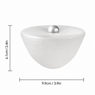 Minimalist frosted glass incense holder with a silver incense insert, shown with size measurements of 9.9 cm wide and 6.1 cm high.