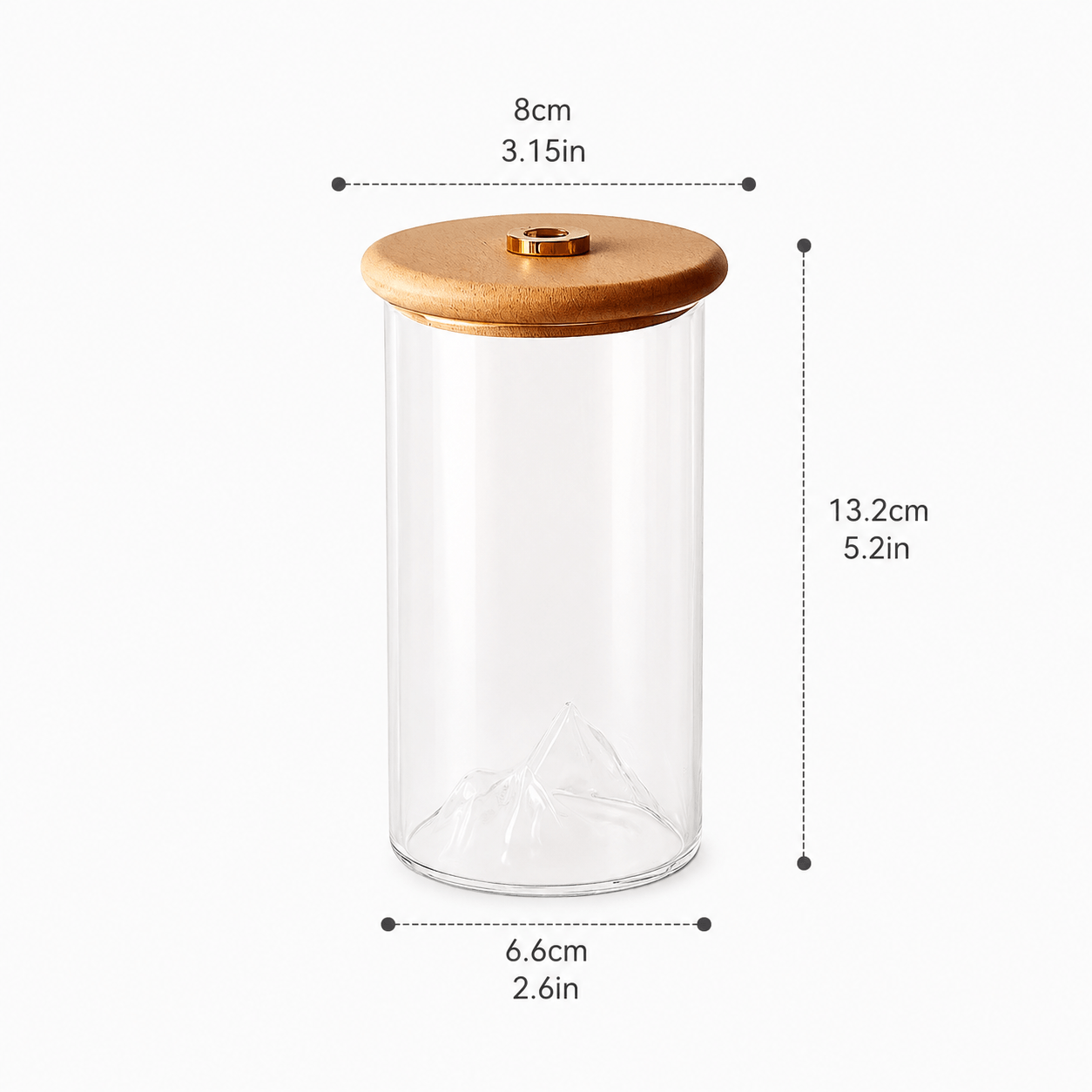 Mountain-view backflow incense burner with a clear glass dome and wooden lid, shown with size measurements of 13.2 cm high, 8 cm top diameter, and 6.6 cm bottom diameter.