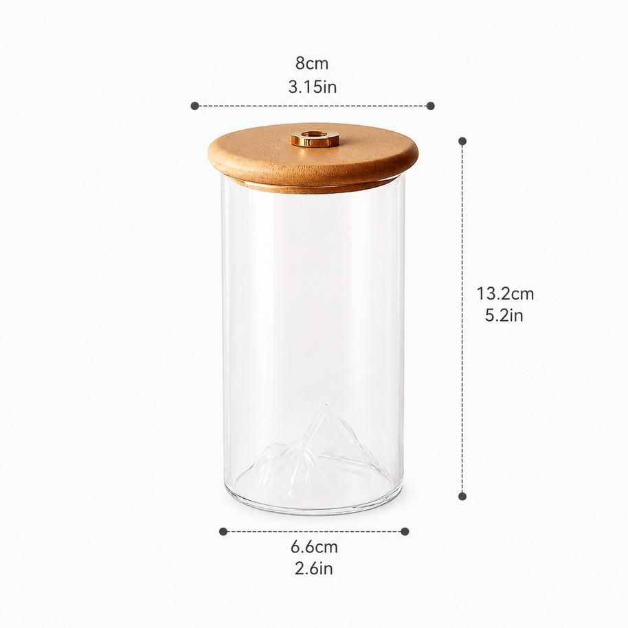 Mountain-view backflow incense burner with a clear glass dome and wooden lid, shown with size measurements of 13.2 cm high, 8 cm top diameter, and 6.6 cm bottom diameter.