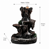 Mountain waterfall backflow incense burner with cascading smoke design, shown with size measurements of 19.5 cm high, 14 cm wide, and 11 cm deep.