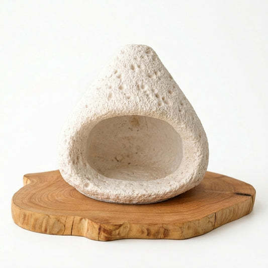 Cave-shaped natural stone incense burner with a rough textured finish, displayed on an organic wooden tray against a clean white background.