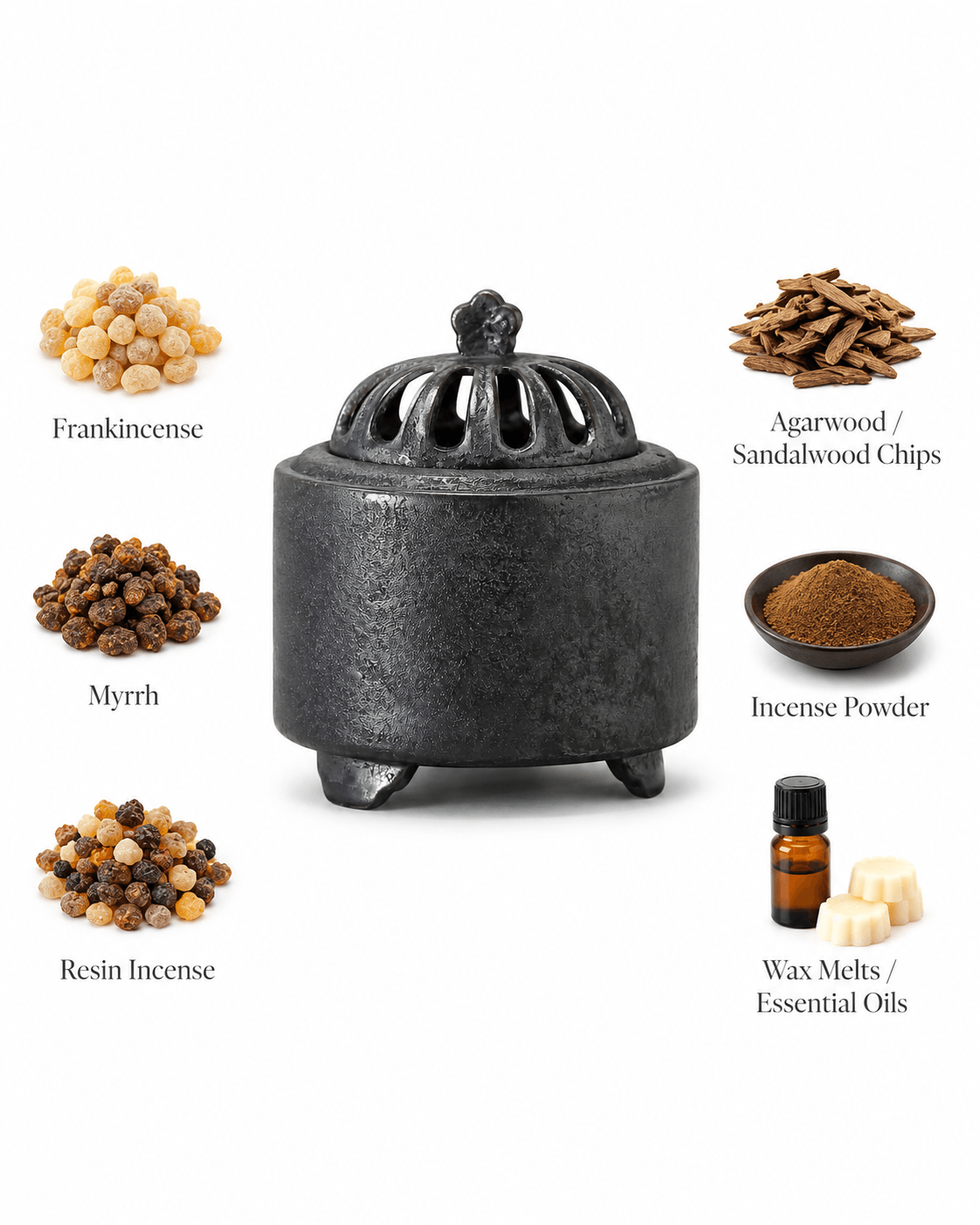 Obsidian black ceramic electric incense burner shown with frankincense myrrh resin incense agarwood sandalwood chips incense powder wax melts and essential oils
