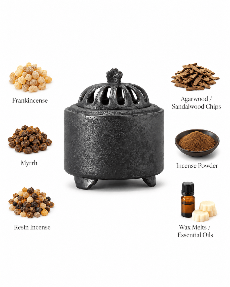 Obsidian black ceramic electric incense burner shown with frankincense myrrh resin incense agarwood sandalwood chips incense powder wax melts and essential oils