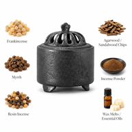 Obsidian black ceramic electric incense burner shown with frankincense myrrh resin incense agarwood sandalwood chips incense powder wax melts and essential oils